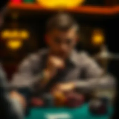 Strategic Thinking in Poker A thoughtful player analyzing their next move in a high-stakes poker game.