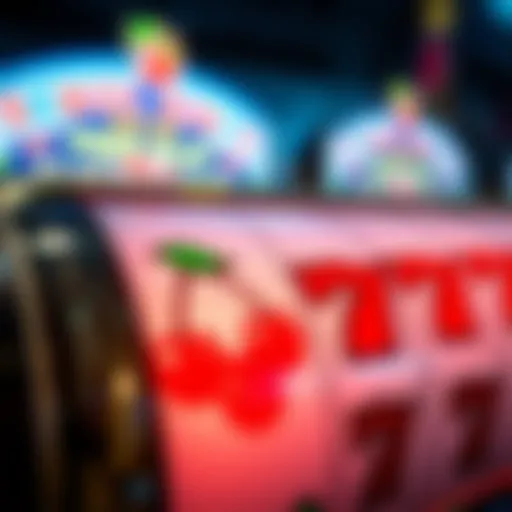 A depiction of classic slot machine symbols like cherries and lucky sevens