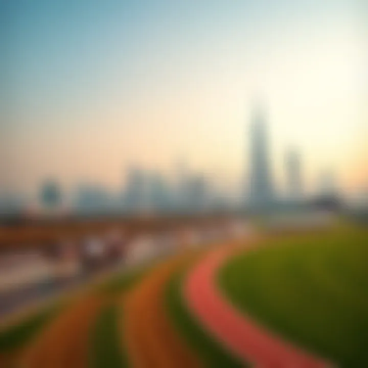 A panoramic view of the Dubai skyline with a racetrack in the foreground