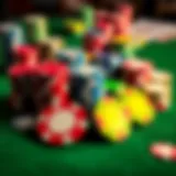 A collection of colorful poker chips arranged artistically on a green felt table.