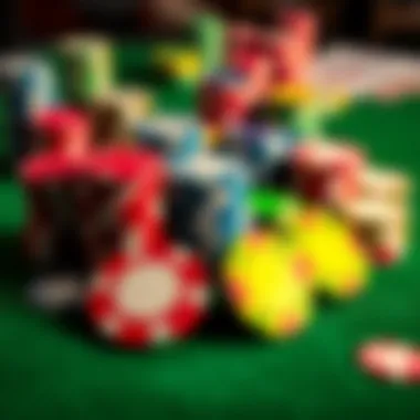 A collection of colorful poker chips arranged artistically on a green felt table.