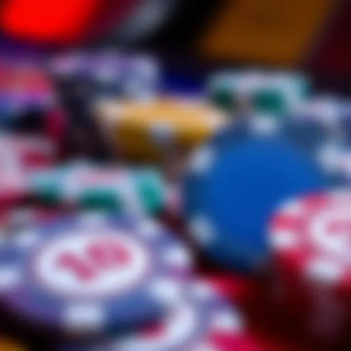 A close-up view of arcade blackjack chips with varying denominations