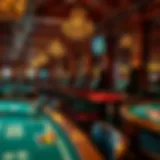 A historical view of a casino floor showcasing traditional gaming tables