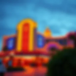 Exterior view of a prominent casino near Norfolk, showcasing vibrant lights and architecture