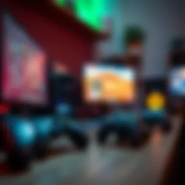 An illustration of a gaming setup with a computer and game controllers