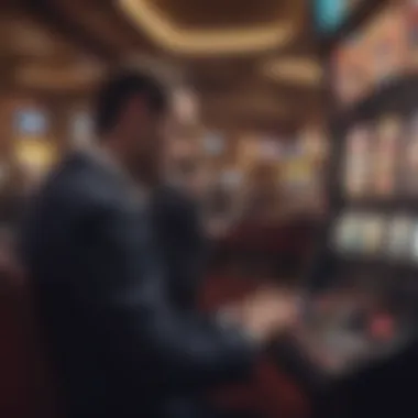 A strategic player analyzing slot machine odds at a casino.