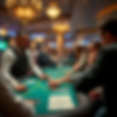 A dealer engaging with players at a blackjack table