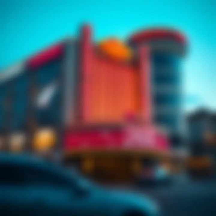 An exterior shot of a prominent casino building in Queens, showcasing its architecture and branding.