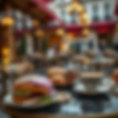 A gourmet Parisian café table set with exquisite pastries and coffee, epitomizing French gastronomy