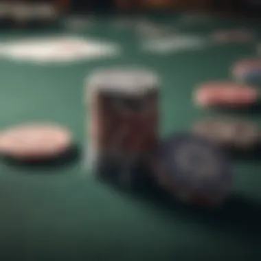 Close-up of poker chips and cards on a table during gameplay