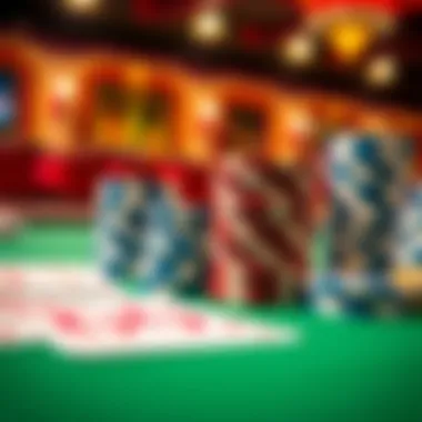 Close-up of poker chips and cards on a table