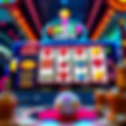 An intricate design of a slot machine interface displaying vibrant symbols and reels