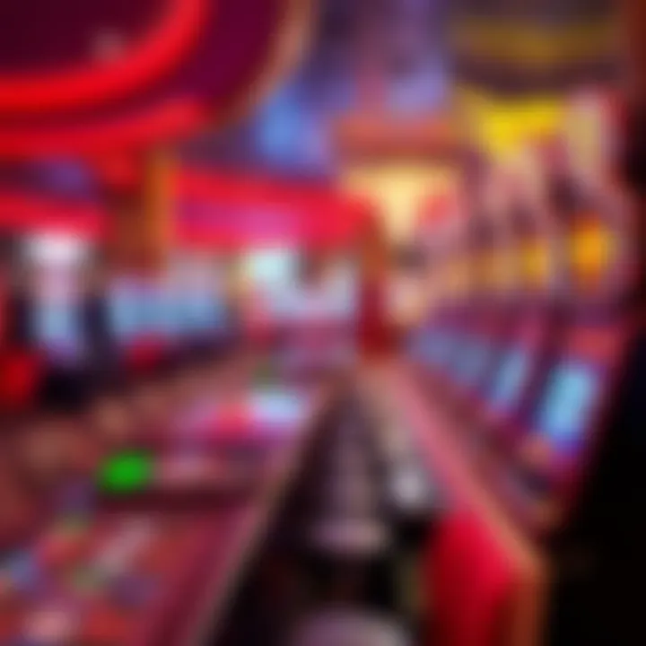 A close-up of gaming tables and slot machines
