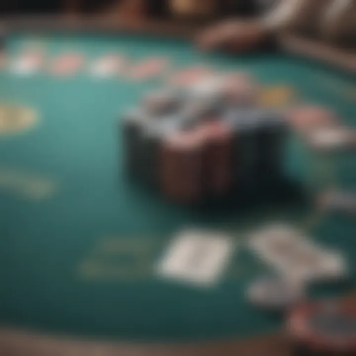 Close-up of a poker table with chips and cards arranged strategically