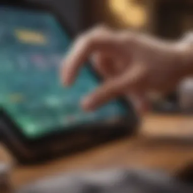 A close-up of a player's hand interacting with a touchscreen for online betting.