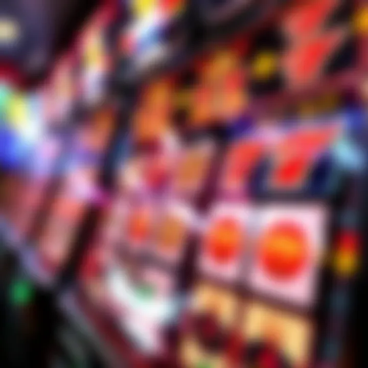 A close-up of spinning reels displaying various slot symbols with bright lights.