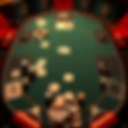 Top view of a Texas Hold'em poker table with cards and chips