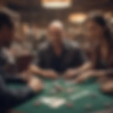 A bustling poker table with players deeply engaged in a match.