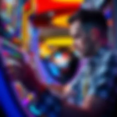 Player Engaging with Slot Machine Interface A focused player engaging with a touchscreen slot machine interface