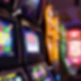 A close-up view of a vibrant slot machine display showing colorful symbols and lights